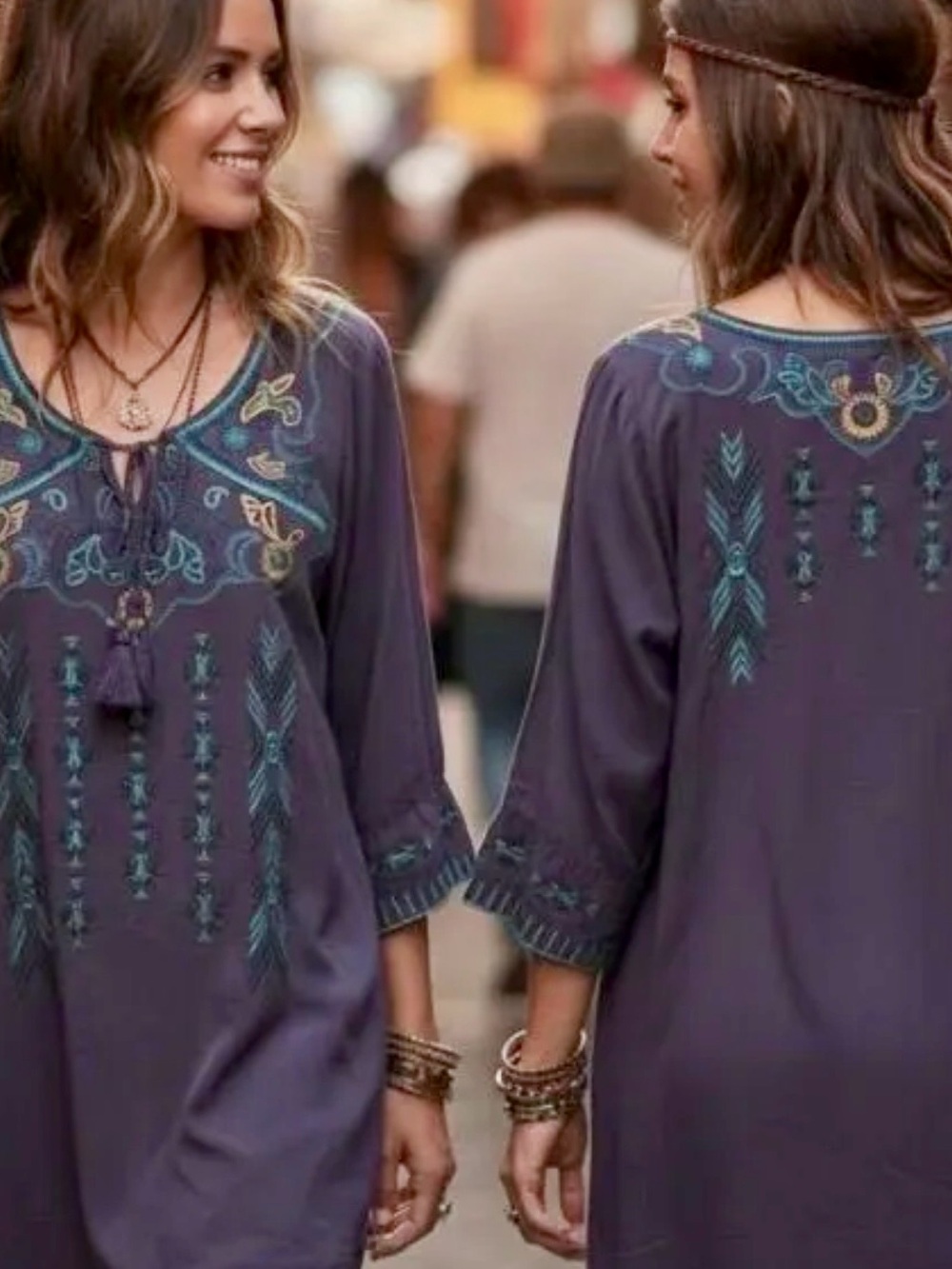 Tempo Paris Purple Embroidered Boho Tunic with Teal Accents